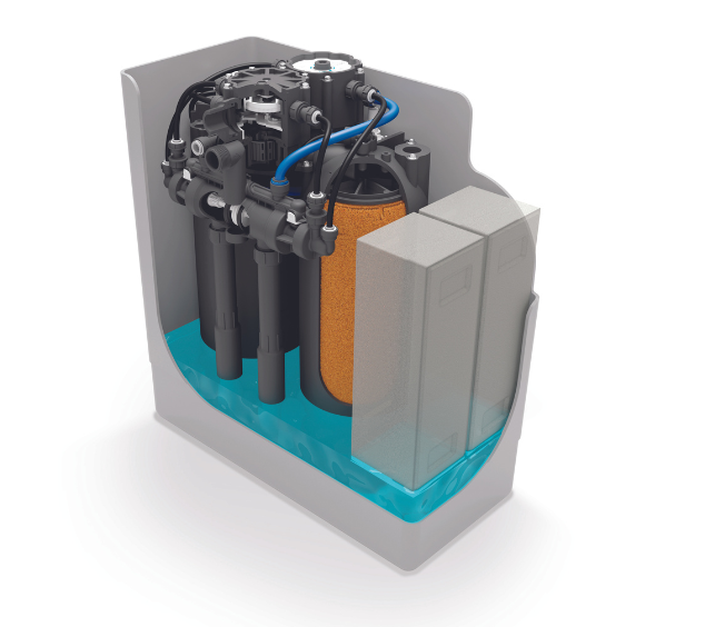 Twin cylinder water softener system showing internal components and ion exchange process